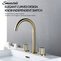 Brushed Gold Basin Faucet Hot And Cold Tap Bathroom Knurling Design Double Handle Desk Mounted Sink Mixer 360° Rotation Spout