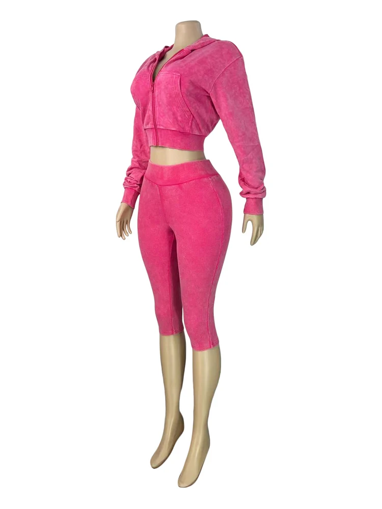 JENYAGE Damen 2-teiliges Outfit, Vintage-Look, gewaschene Kapuzenjacke mit Reißverschluss, hochtaillierte Caprihose mit Rippenstruktur, dehnbarer Trainingsanzug – Detail 7