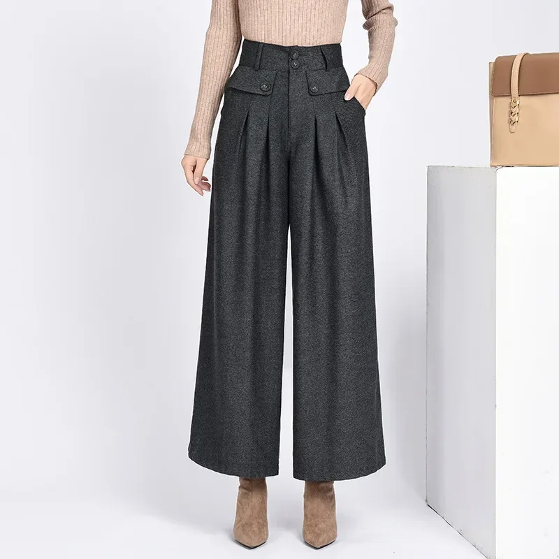 

2024 Winter Warm Wool Women's Pants Female High Waist Pleated Wide Leg Capris for Women Trousers Woman 4xl Z135