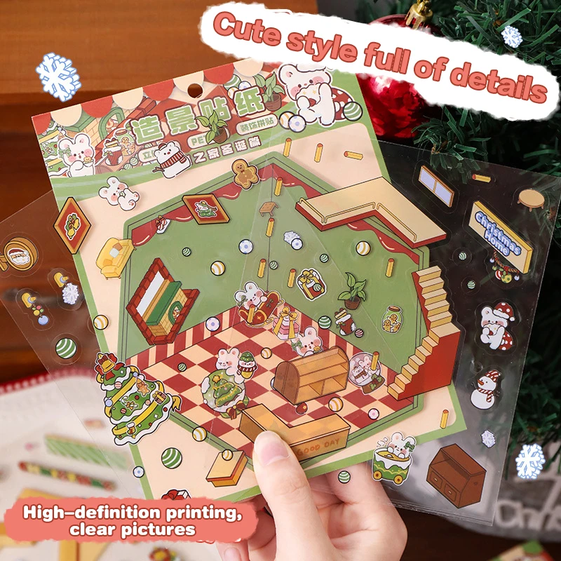 1Set Cartoon Kerst 3D Stickers Leuke DIY Scène Landschapsarchitectuur Decoratie Stickers DIY Decor Scène Stapelen Plakken Stickers