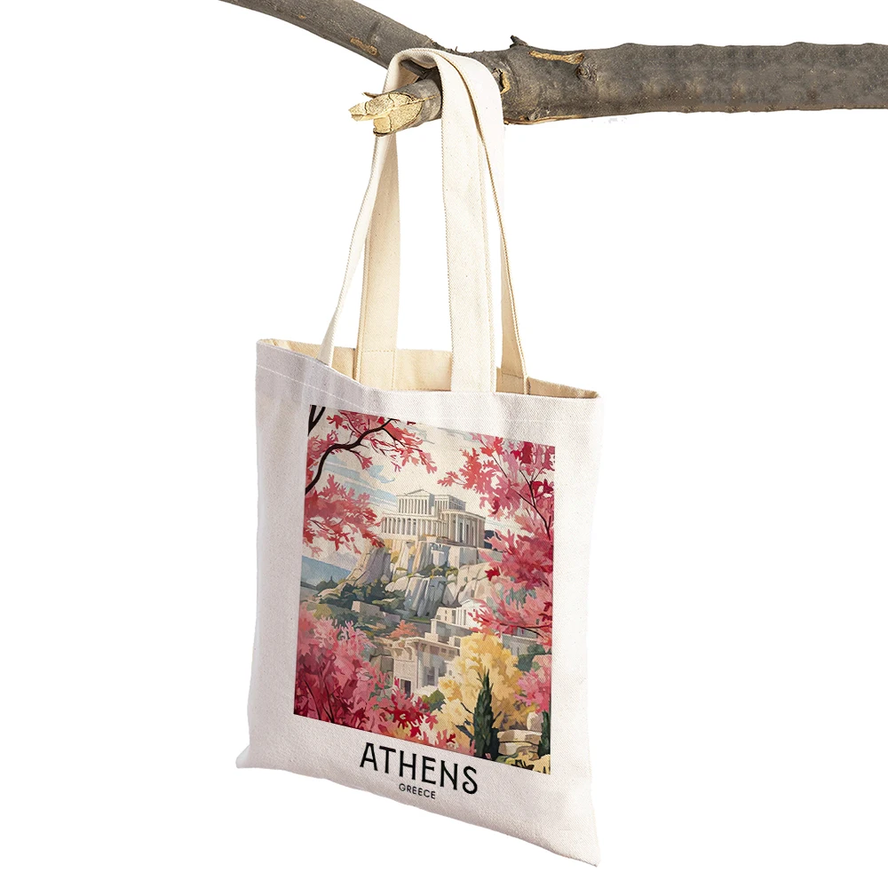 Vintage Landscape Shopper Bag Berlin Athens Rome Dubrovnik Women Shopping Bags Double Print Linen Handbags Shoulder Lady Tote