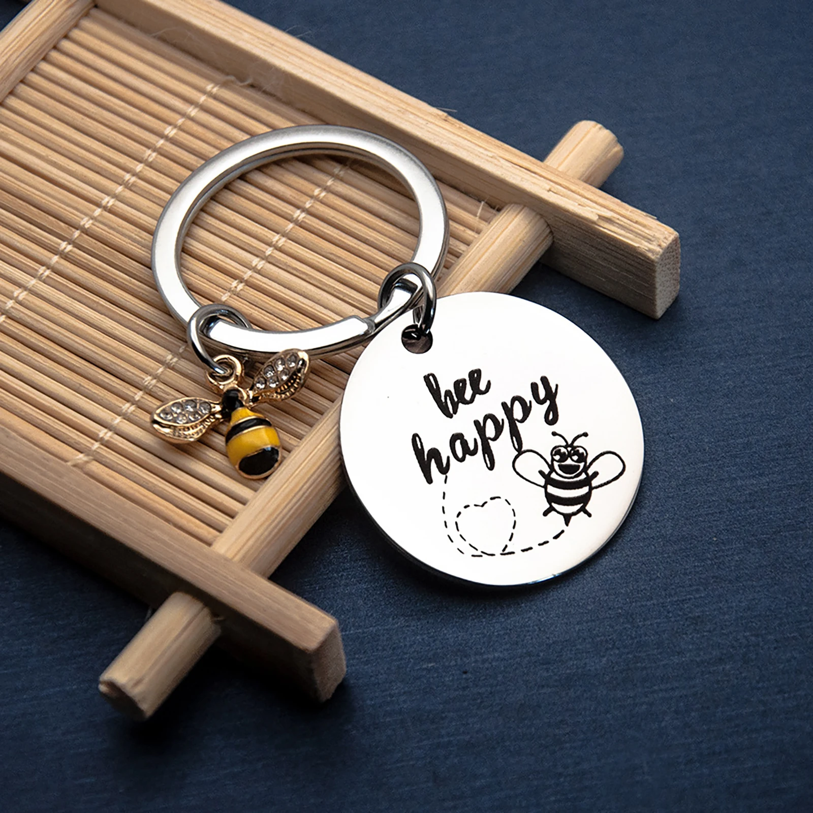 Cute Bee Happy Key Ring Chain Stainless Steel Bumble Bee Charm Decorations Funny Humor Gift for Friend Family