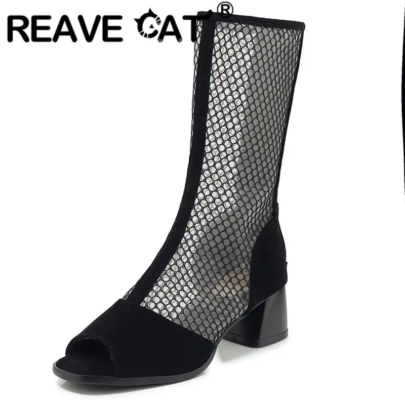 

REAVE CAT Sexy Summer Platform Boots Ladies Knee Women's Shoes With Heels Hollow Flock Western Zip Peep Toe Zapatos Big Size 46