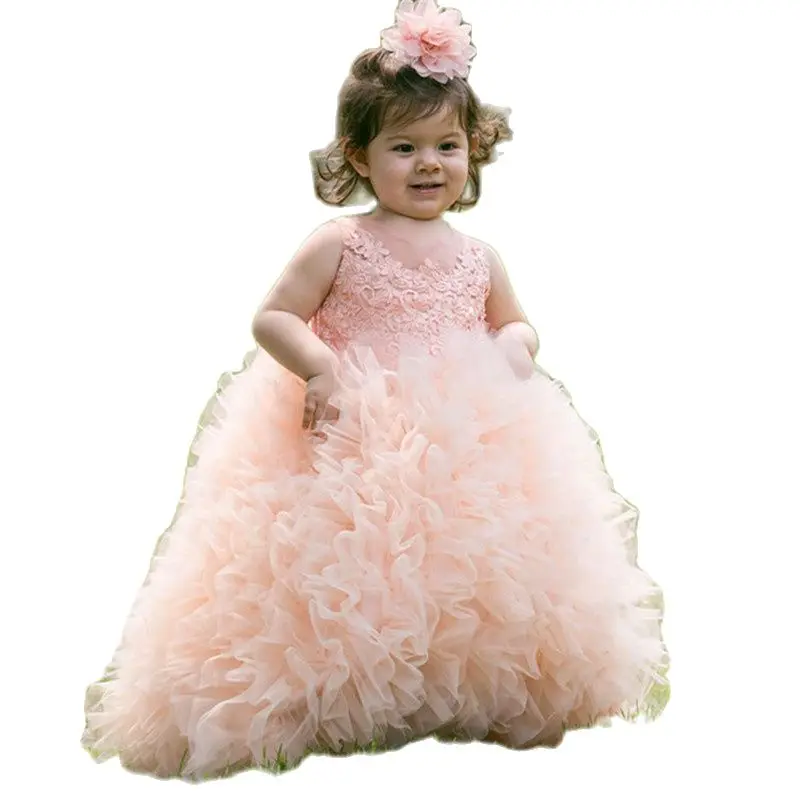 New Flower Girl Dresses Blush Pink First Communion Gowns For Girls Ball Gown Cloud Beaded Pageant Gowns Vestido De Daminha