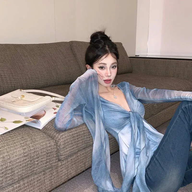 Gradient tie-dye thin long-sleeved shirt for women new autumn winter French sunscreen shirt ribbon design niche top T-shirts