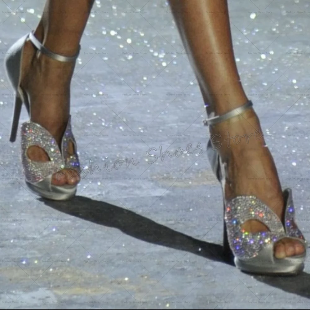 Silver Peep Toe Hollow Out Crystal Sandals Buckle Strap Women Shoes Thin High Heels Party Banquet Dating 2025 Zapatos Para Mujer