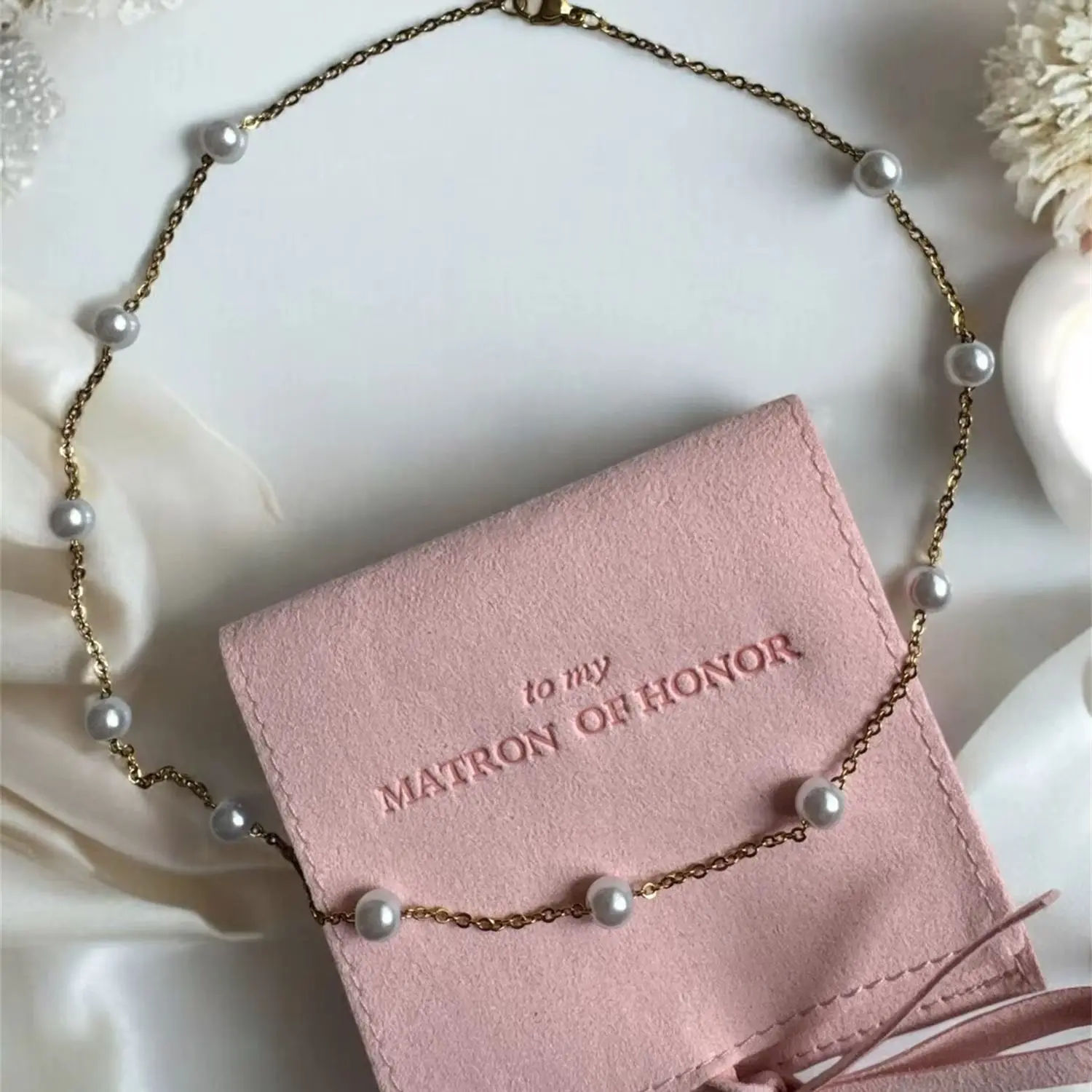 Matron of Honor Necklace 18k Maid of Honor Pearl Necklace Gift in Jewelry Pouch, Personalized Bridal Gift Pearl Necklace Bridesm