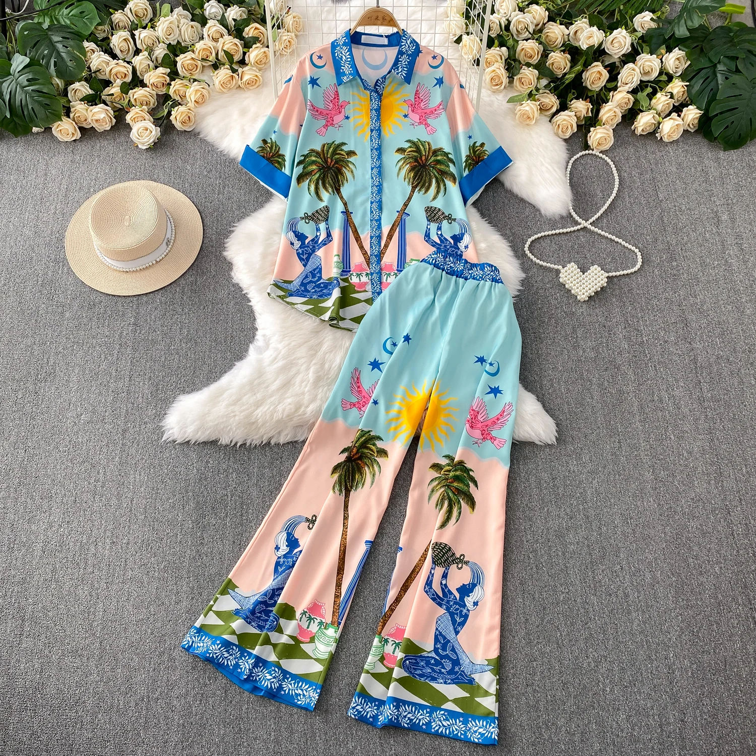 

Vacation Style Printed Pants 2 Pieces Set for Women Short Sleeve Shirt Wide Leg pants Suit American Fashion Female Trousers Sets