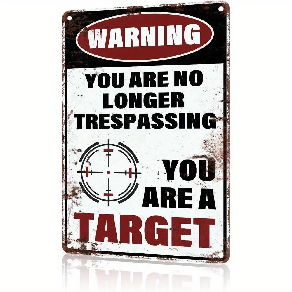 Heavy-Duty Metal No Trespassing Sign - 8x12 Inch Large Security Warning Decoration with Target Design & Bullet Hole Cutout - Rus