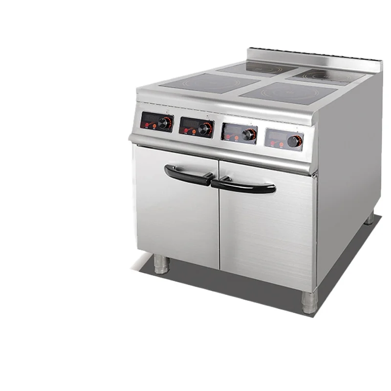 Commercial vertical four-head induction cooker equipment Cooking stove with oven cabinet seat
