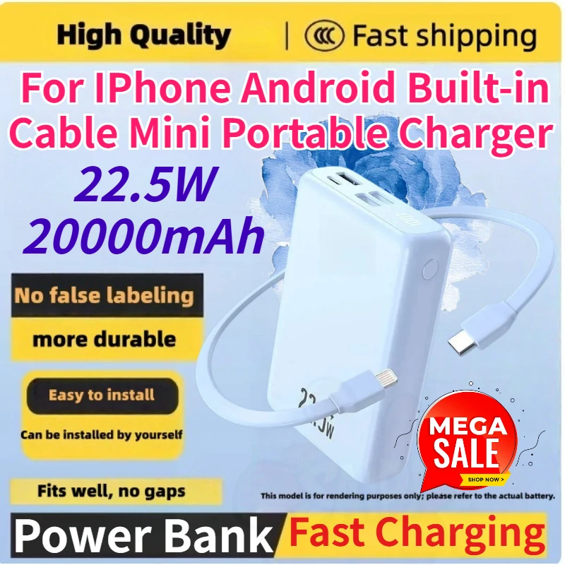

20000mAh 22.5W Fast Charging Power Bank Built-in Cable Mini Portable Charger PD QC 3.0 External Battery Pack for IPhone Android