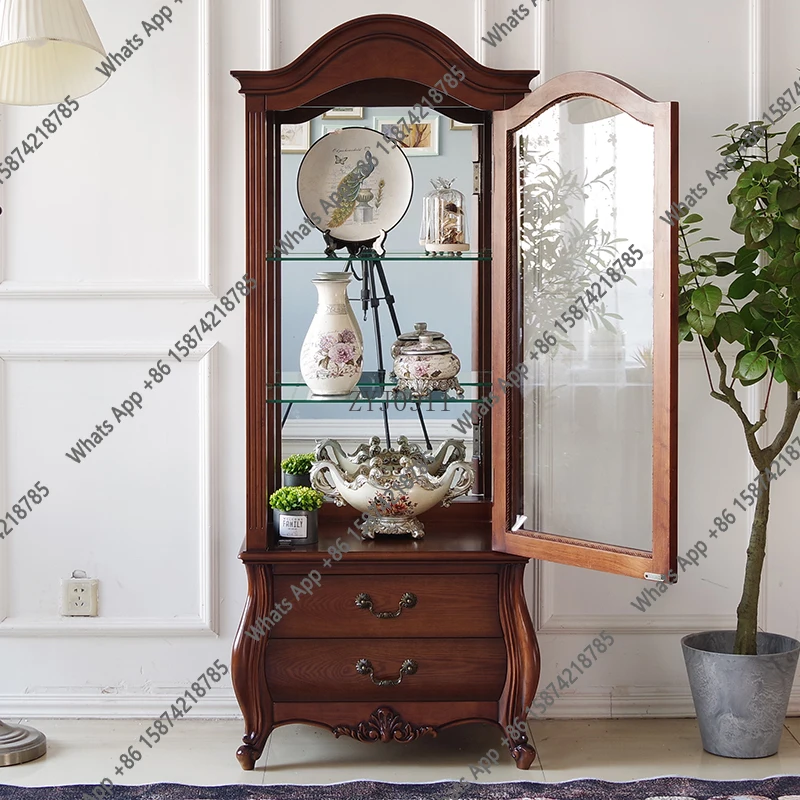

s American solid wood wine cabinet glass decoration display European single door living room classic wine cabinet retro