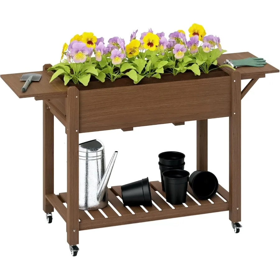 

Raised Garden Bed 57 x 20.5 x 34 in Wood Elevated Planter Box with Lockable Wheels Side Tables and Bottom Shelf Outdoor Raised