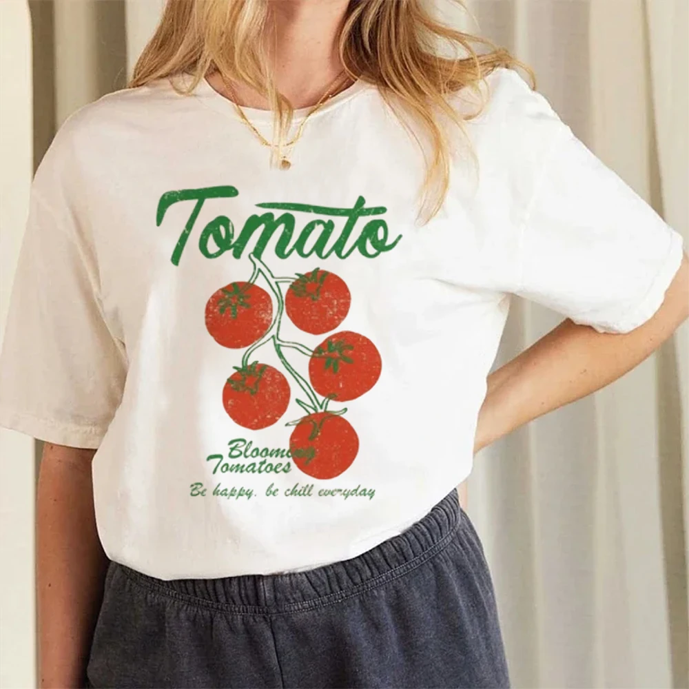 Tomate Bloom-Top básico con estampado de tomate para mujer, camiseta básica con bonito patrón para mujer, camiseta informal de manga corta con cuello redondo
