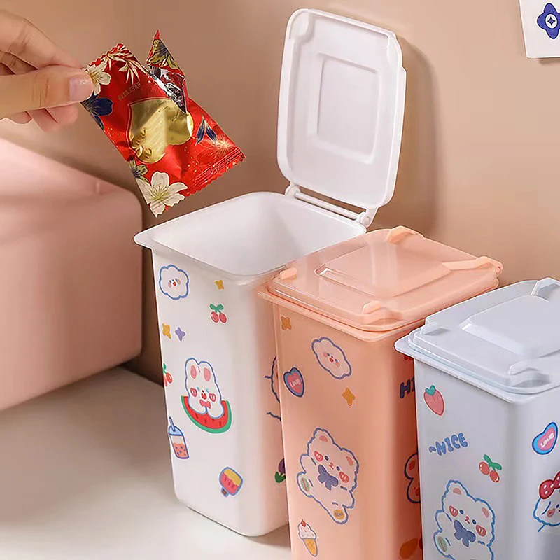 4color Mini Desktop Trash Can Garbage Storage Box Living Room Coffee Table With Cover Small Paper Basket Plastic Garbage Bag