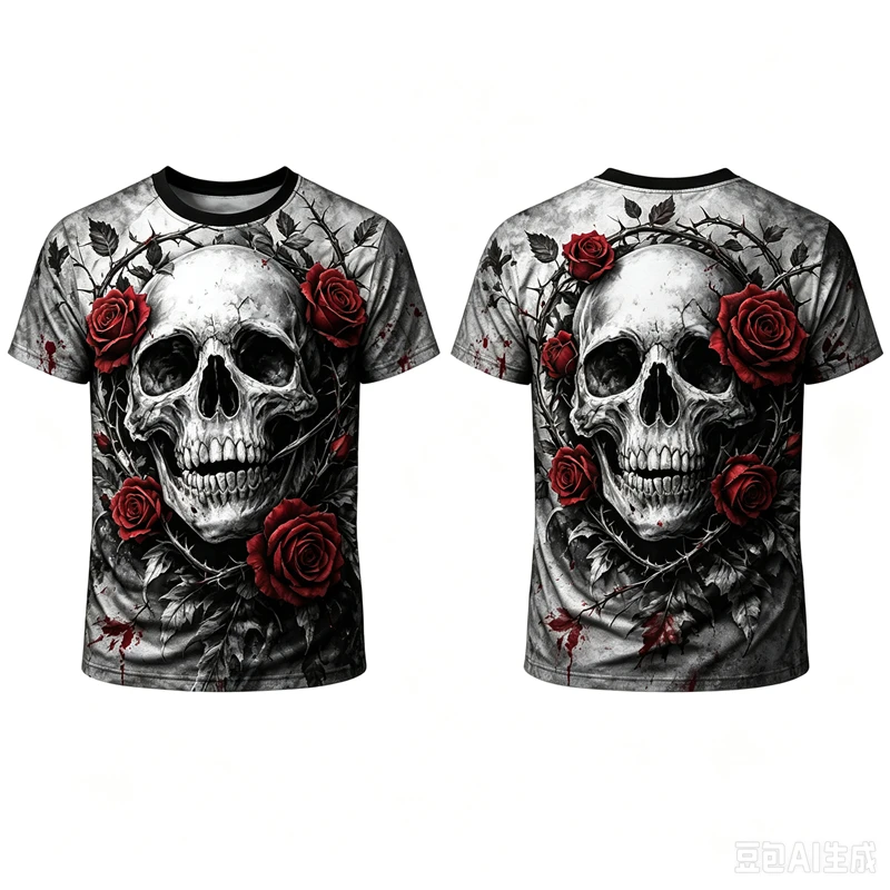 Vintage Skeleton Pattern T‑Shirt For Men 3D Print Skull Graphic O‑neck Short Sleeve Casual Halloween Streetwear Tops Harajuku