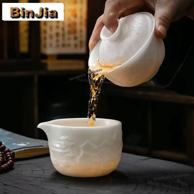 190ml Ice Seed Sheep Fat Jade Porcelain Tea Pitcher Boutique Relief Landscape Cha Hai Justice Cup Puer Tea Ceremony Accessories - view 6