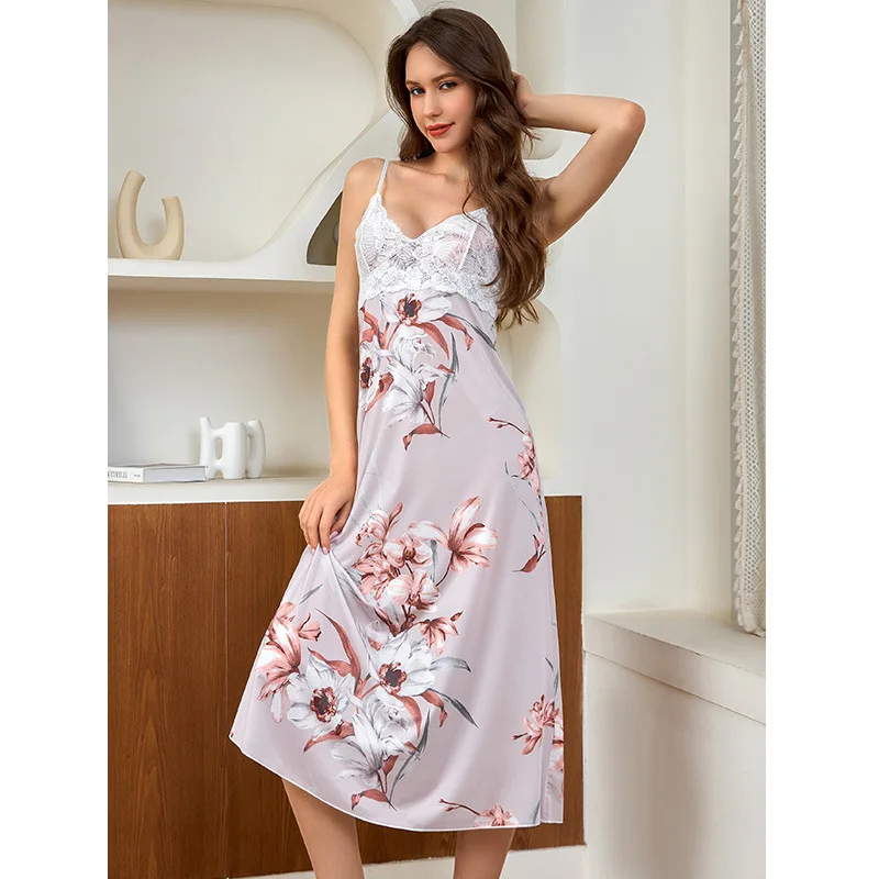 

Women's Adjustable Slip Long Dress Nightwear Deep V-Neck pajamas Sexy Lace nightdress Backless Nightgown Ice silk homewear