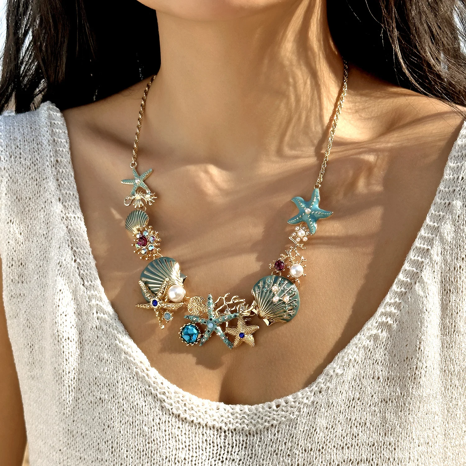 مبالغ فيها المعادن نجم البحر شل اللؤلؤ قلادة للنساء الصيف المحيط المرجان الإسكالوب قلادة قلادة بوهو الشاطئ المجوهرات هدية #3