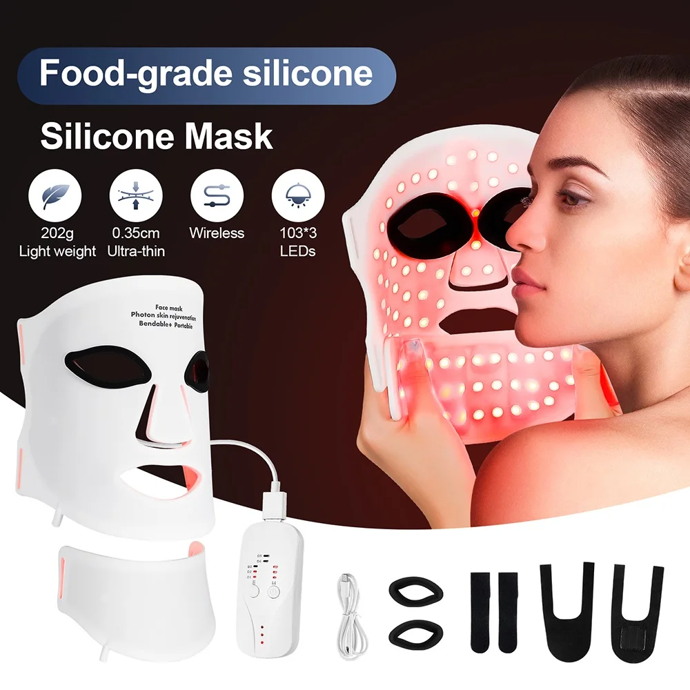 Silikon-LED-Maske für Gesicht mit Hals, 7 Farben, LED-Photon, rotes Licht, Infrarot-Therapie, flexible Gesichtsmaske, Reparatur der Haut, kabellose Nutzung