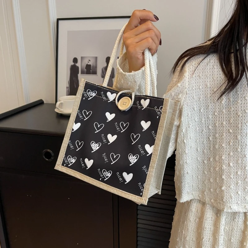 

Вместительная льняная сумка-тоут на молнии с модным цветочным принтом и дизайном в виде сердца, органайзер для обедов и покупок