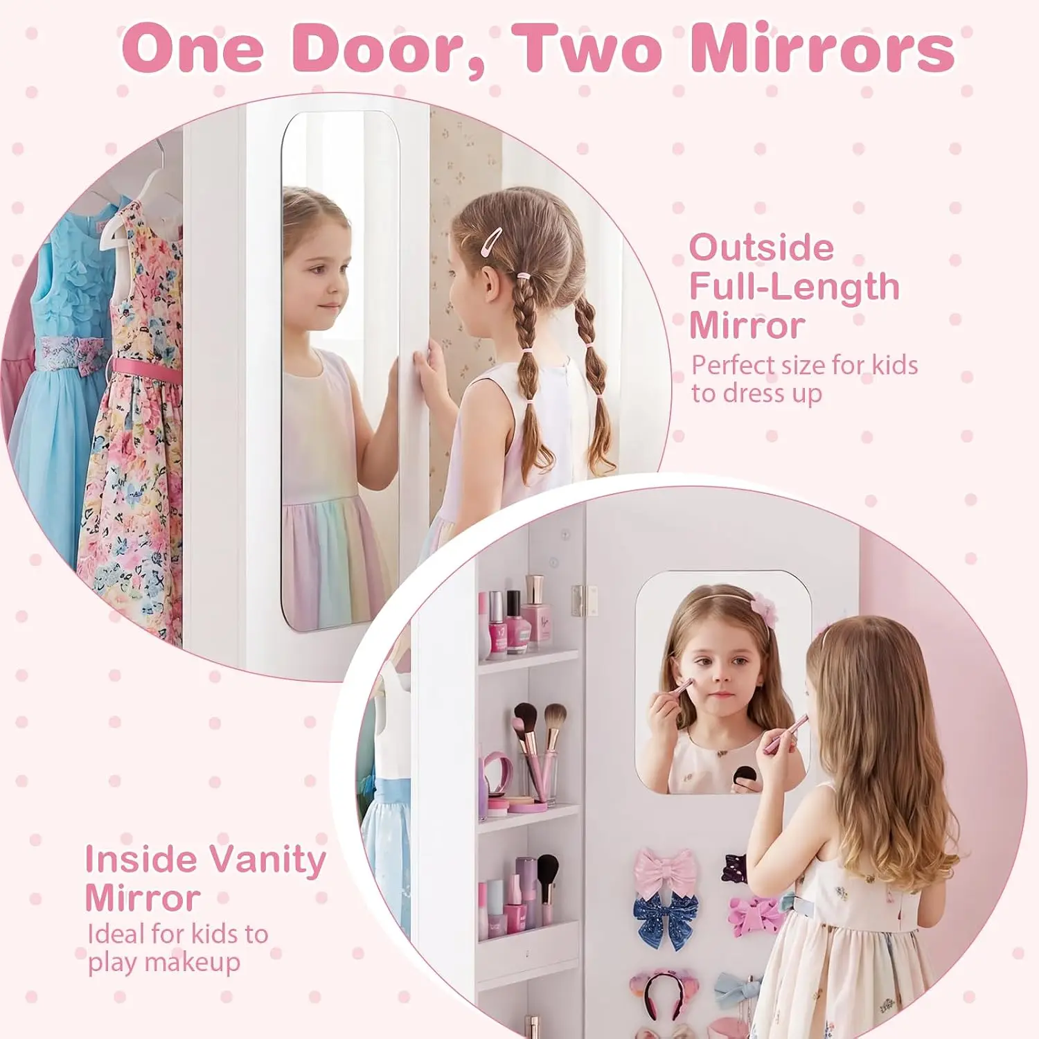 Storage Wardrobe with Mirror & Open Hanging Rack, Shelves Cabinet for Bedroom Playroom Preschool, Customized view 5