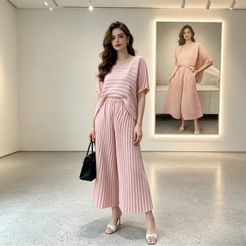 Miyake Pleated 2026 Set for Women Loose Design Simple Two-Piece Set Slimming Elegant Commuting Outfit Complete Summer Set Pleat