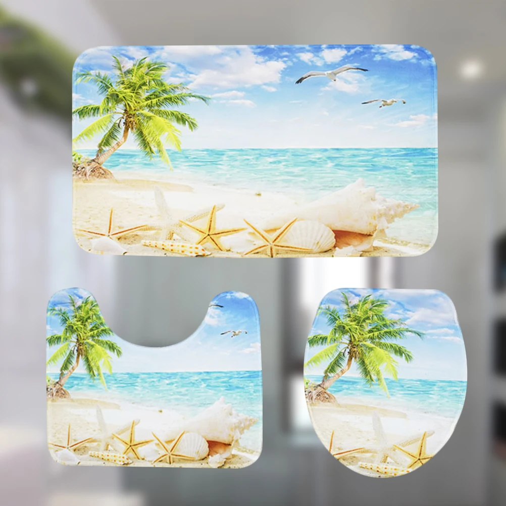 

Printing Pattern Bathroom Mat Set Non-Slip Quick Dry Absorbent Toilet Floor Mat For Bathtub Shower Decor Coconut Trees