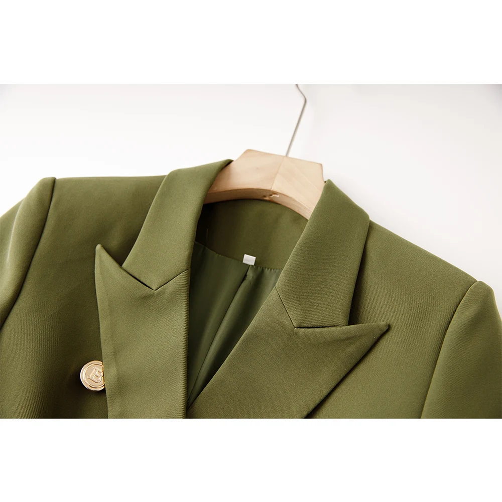 Spring Autumn Formal Work Lady Army Green Pockets Jackets with Metal Belt Super Shape Look Elegant Women Blazer