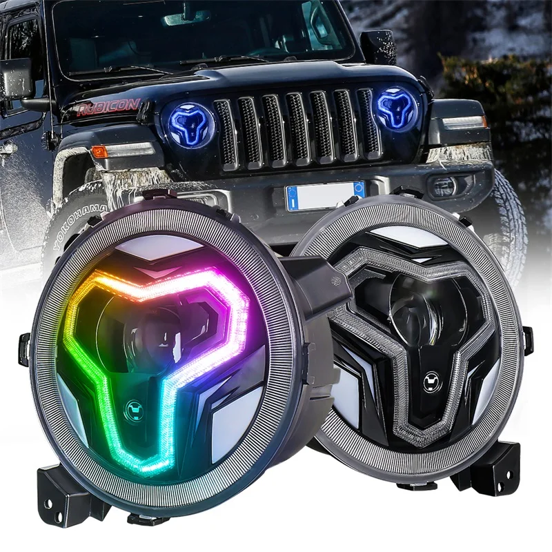 2Pcs 9 Inch LED Headlights Hi/Low Beam Day Light DRL Turn Signal Lamp Bluetooth control RGB Halo Headlamps For Jeep JL Wrangler