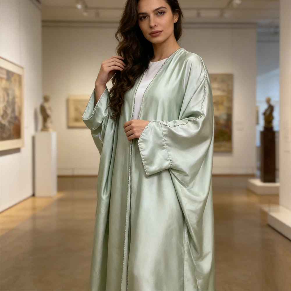 

Атласные абайи для женщин на Ид, мусульманское праздничное платье-летучая мышь, кимоно-кардиган, открытая абайя из Дубая, турецкий кафтан, марокканские платья, джалабия