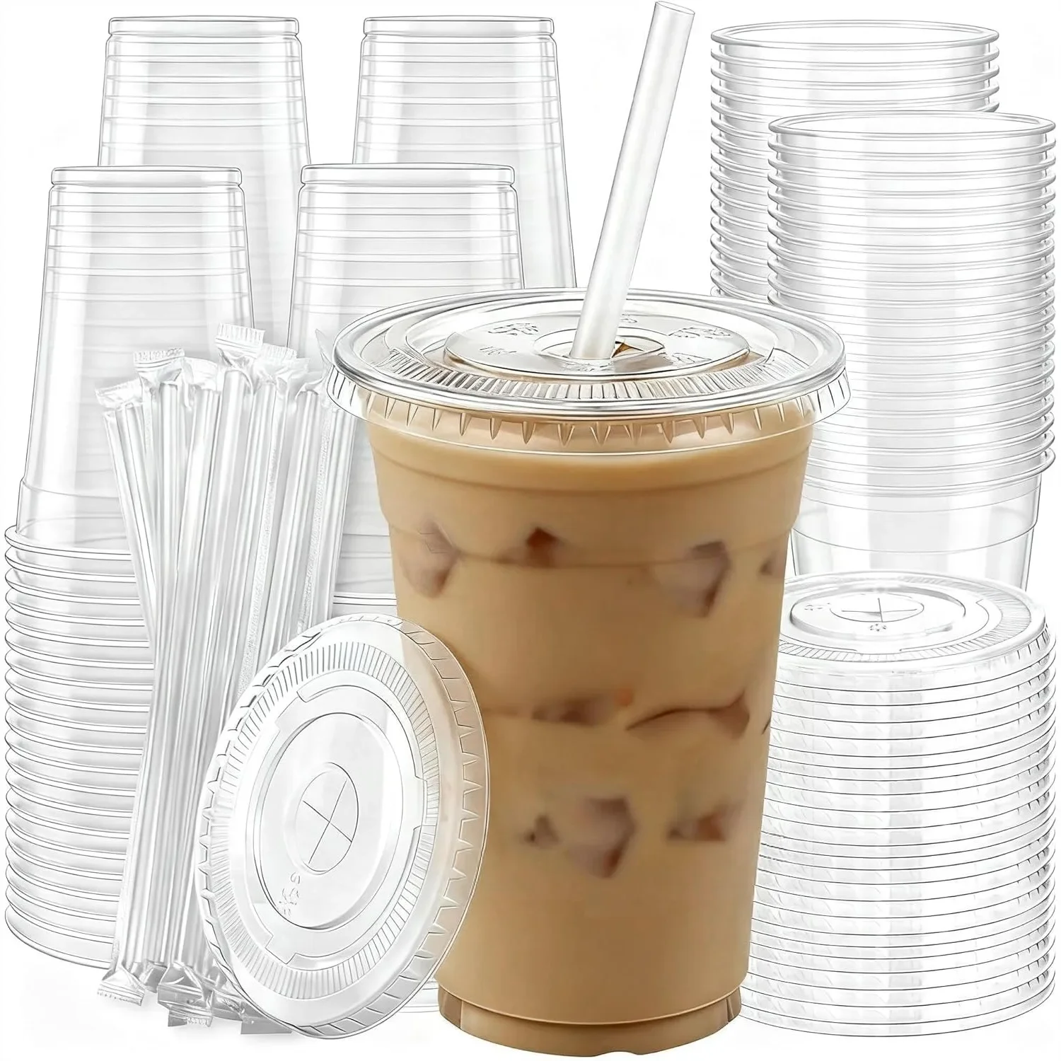 

16 oz Plastic Cups with Lids and Straws, Clear Disposable Heavy-Duty Iced Coffee Cups, Leak-Resistant for Smoothies, Juice, Soda