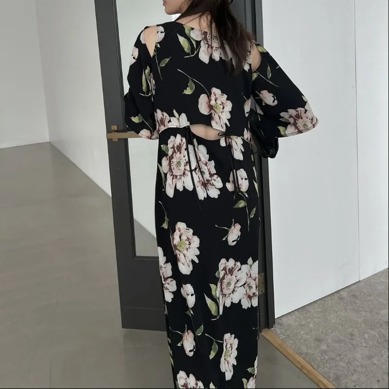 Vestido vintage com estampa floral feminino, com decote em O, oco, manga curta, fino, vestido em forma A, elegante, primavera, verão, novo