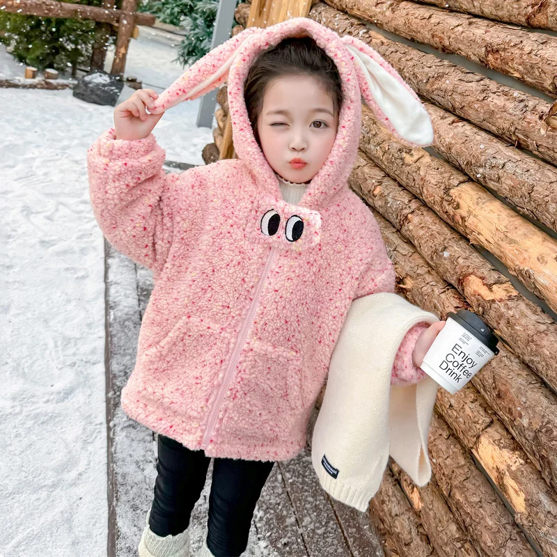 Autumn Winter Cute Baby Girl Clothing Outfits Rabbit Ear Hoodie Jacket Wool Coat Kids Outerwear Clothes for Girl 2 3 4 5 6 7 8 9