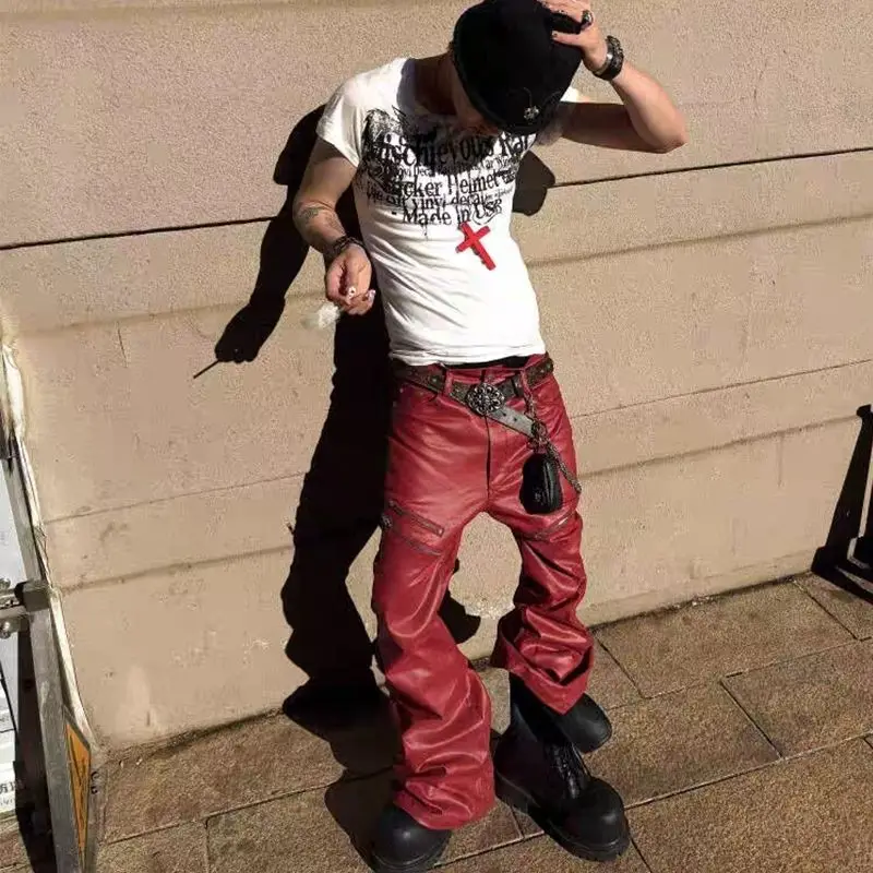 2026 fashionable erd liquid metal coated jeans brushed wax pants hot style high street luxury style black and red