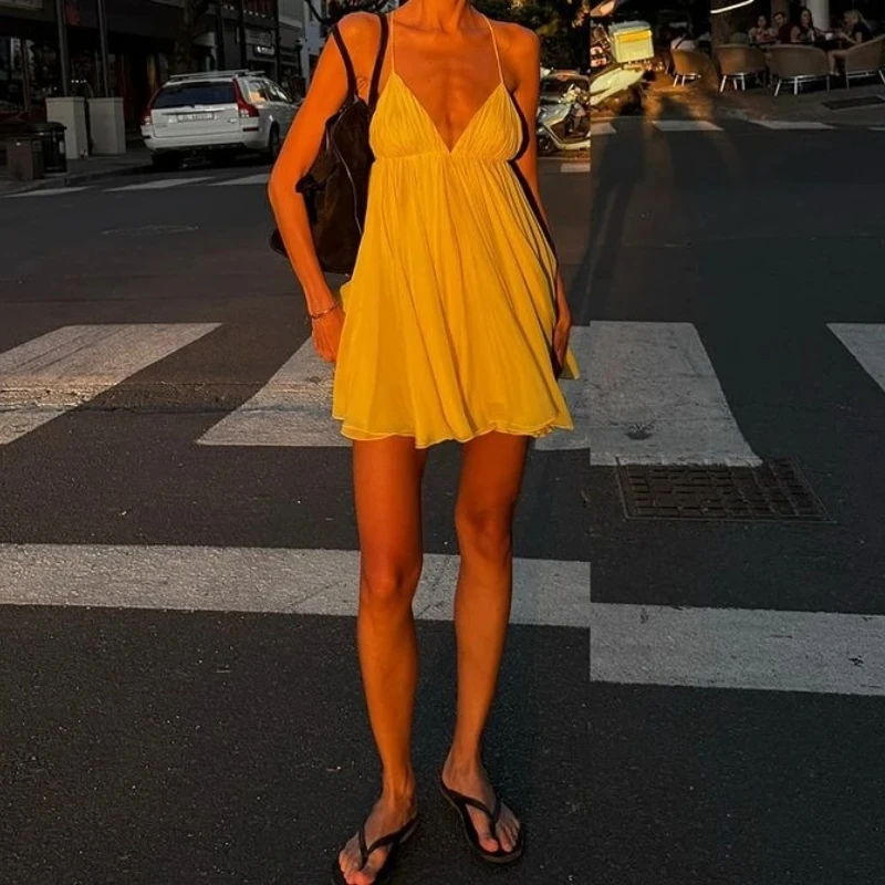 2025 Summer New V-neck Strap Dress for Women Concealed and Bareback Skirt