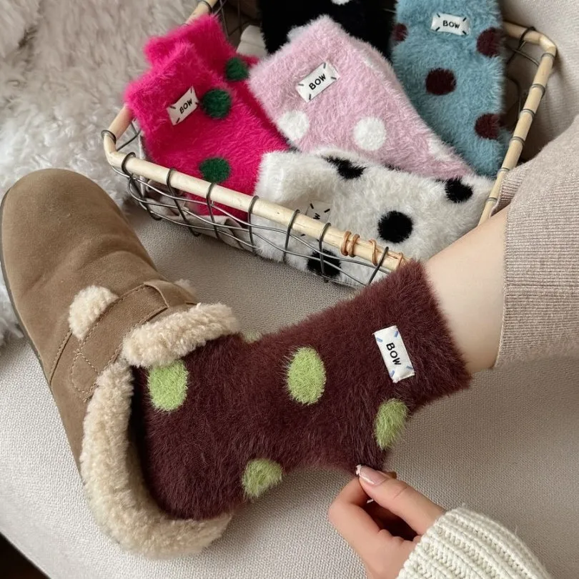 Women's Socks Winter Thicked Plush Warm Mink Fleece Floor Socks For Girl Korean Polka Dot Sweet Versatile Kawaii Mid Tube Socks