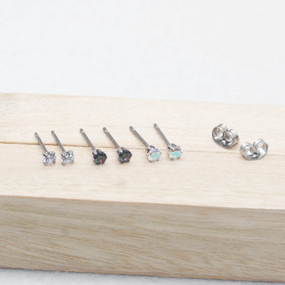 Stainless Steel Colorful AB Zircon Stud Earrings for Men and Women, Delicate Fashion, No Fade, Allergy Free, 3mm, 2 Pcs