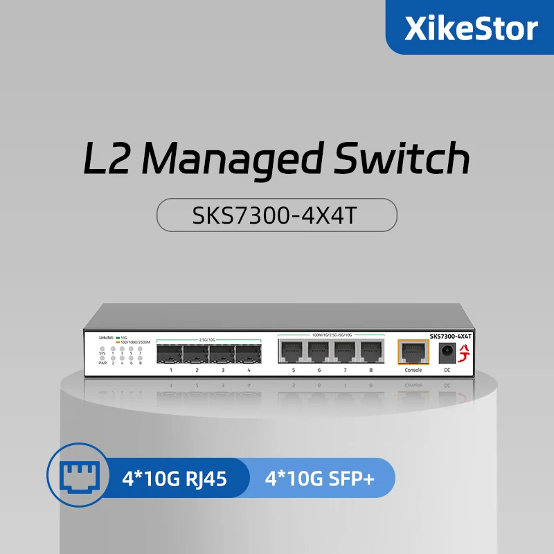 

Управляемый коммутатор XikeStor 10G L2, 8 портов, 4 порта 10G RJ45, 4 порта 10G SFP + Ethernet коммутатор 10G, высокая скорость + Поддержка VLAN, подразделение/LACP