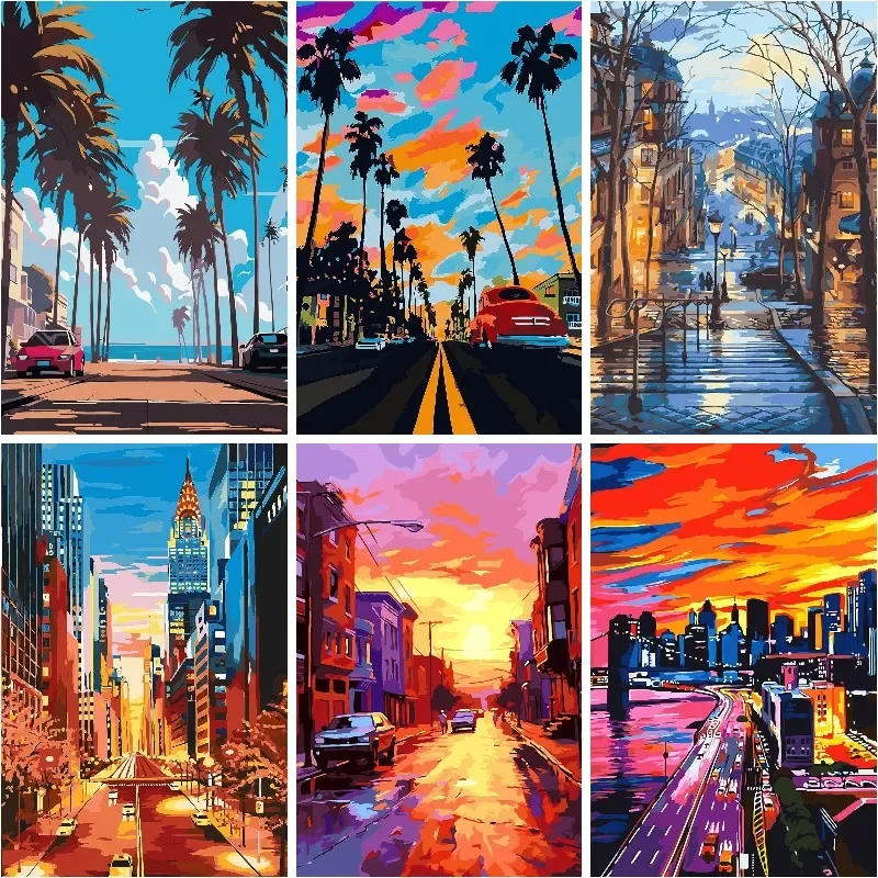 City Sunset Diamond Painting Kits Full Drill , Modern City Lights Painting ,Cityscape at Dusk Painting ,Urban Night Scene Art