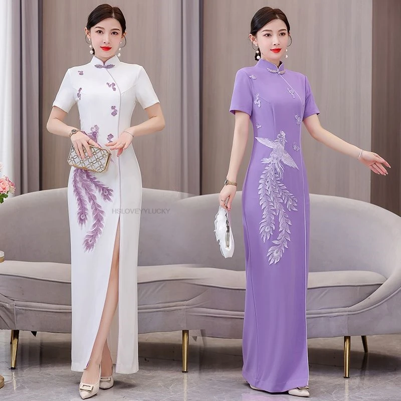 New Vietnam Dress For Women Elegant Cheongsam Traditional Folk Qipao Asian Clothes Vestido Chinese Style Split Qipao Dress