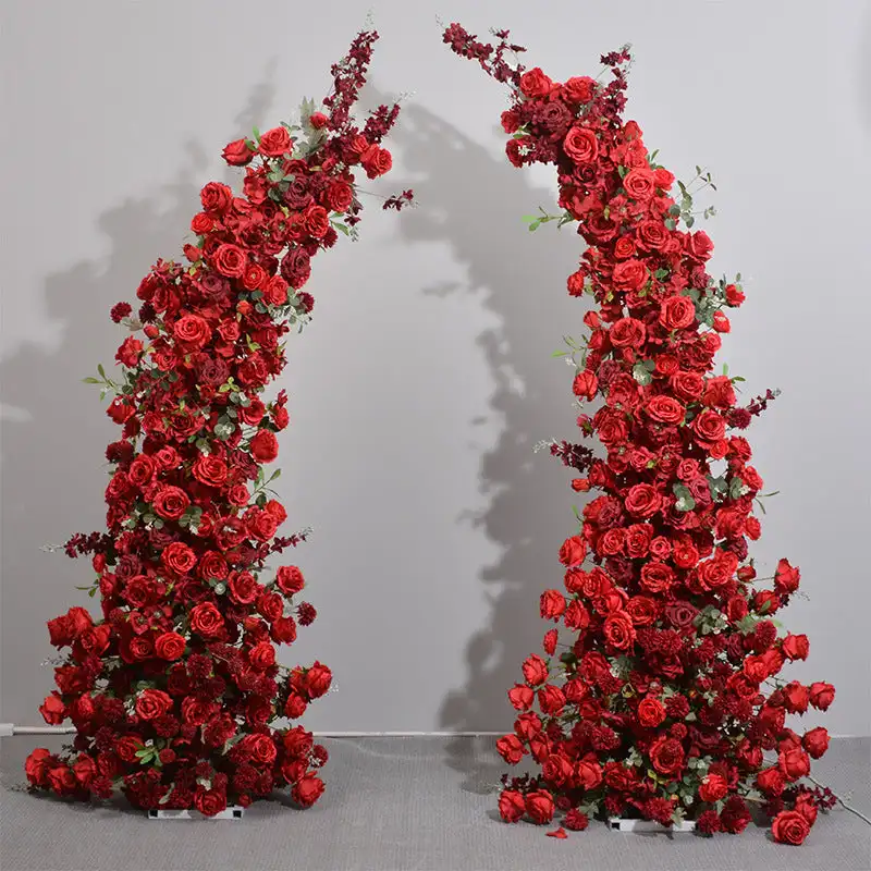 

Custom series wine red Rose Green leaves artificial mixed flower corner arch outdoor wedding background decoration stage setting