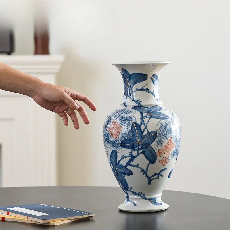 Ceramic vase retro Chinese blue and white porcelain ornament light luxury high sense living room large flower ware large diamete