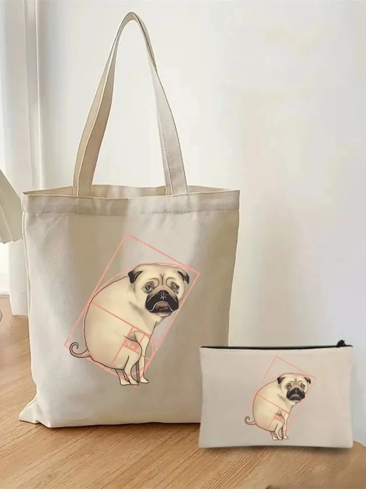 2pcs/set Pug Life Pug Anatomy Women\'s Handbag Cosmetic Organizer Fashion Casual Shoulder Bag Eco Shopping Bag Schoolbag