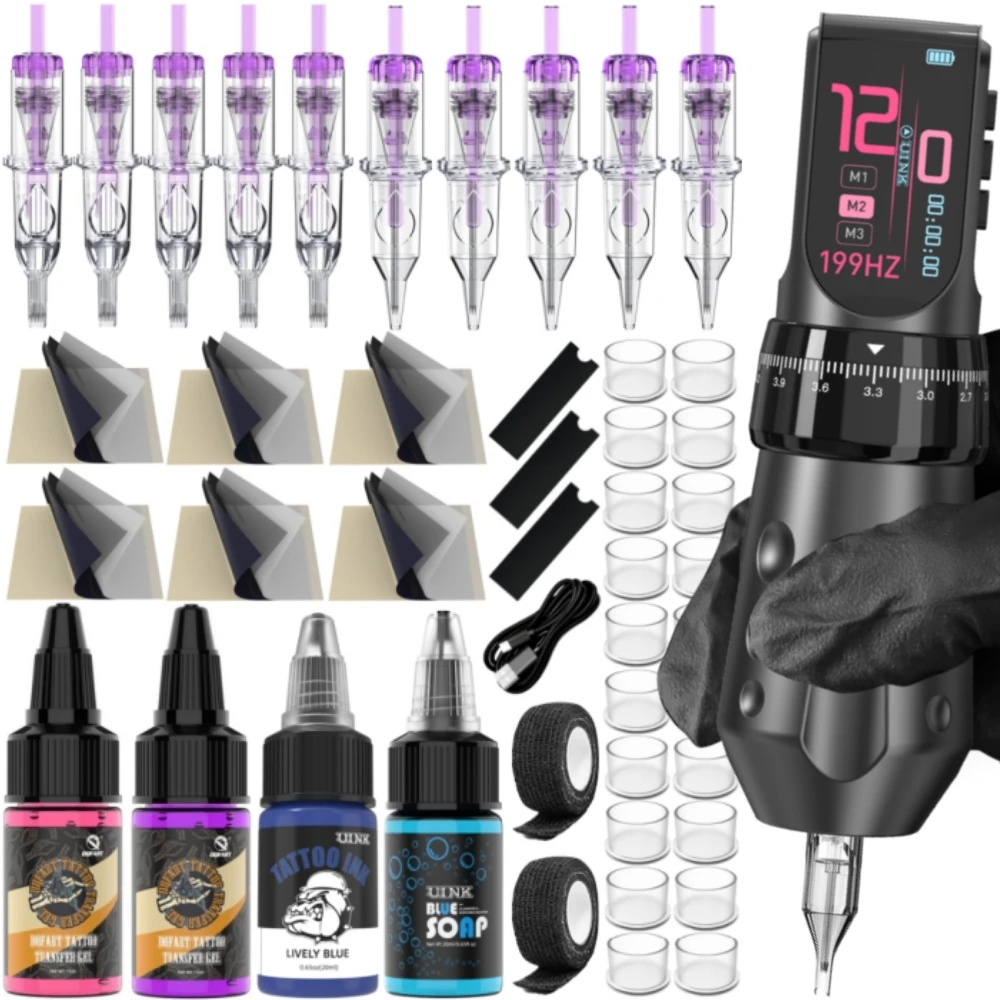 DQFART T9Pro Black Electric Wireless Tattoo Machine Colorful Led Digltal Display Tattoo Artists Kit Tattoo Ink Needles Beginner