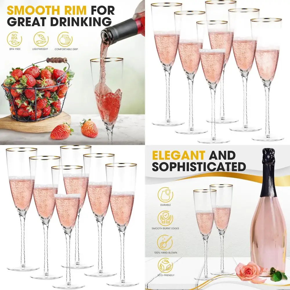 

Set of 6 Elegant Stemmed Champagne Glasses with Gold Rims, 10.6 oz - Perfect for Weddings, Parties & Special Events