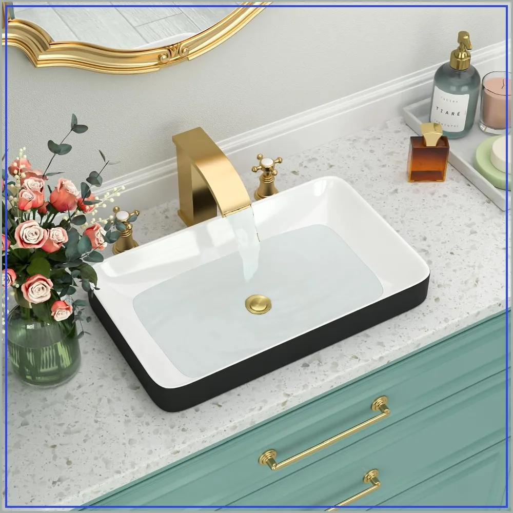 Rectangular White Black Ceramic Bathroom Vessel Sink Semi Recessed 19