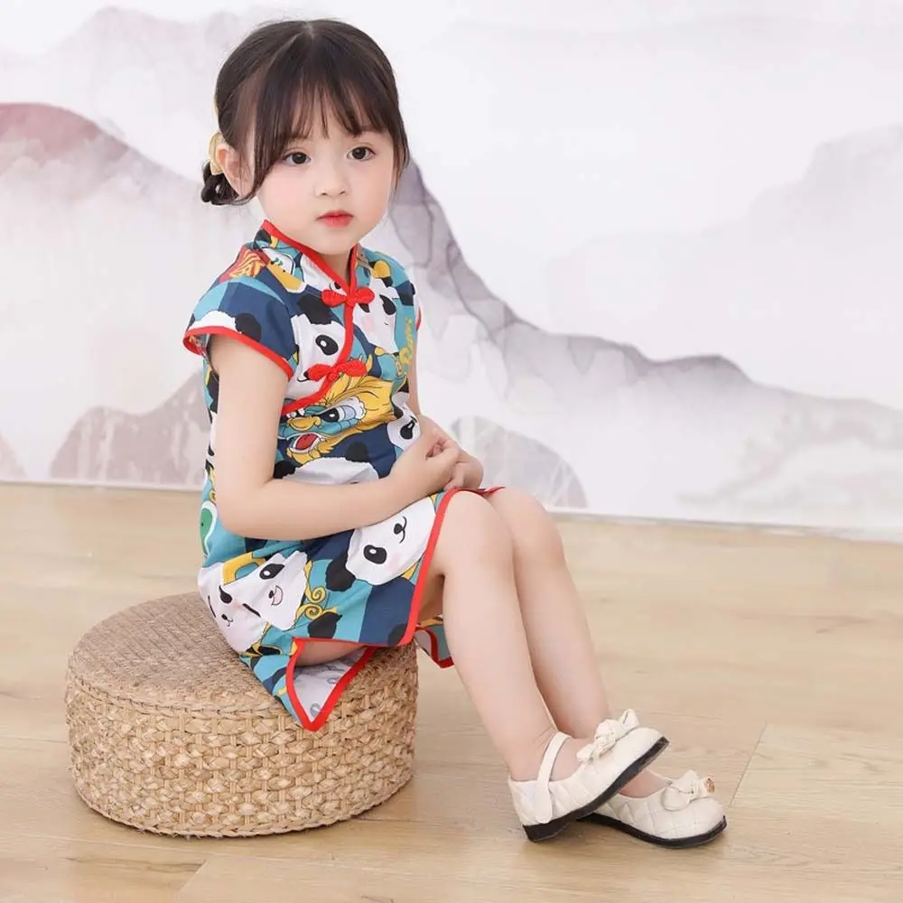 Cartoon Animals Children Cheongsam Girls Clothing Short-Sleeved Kids Girls Cartoon Skirt Qipao Princess Dress