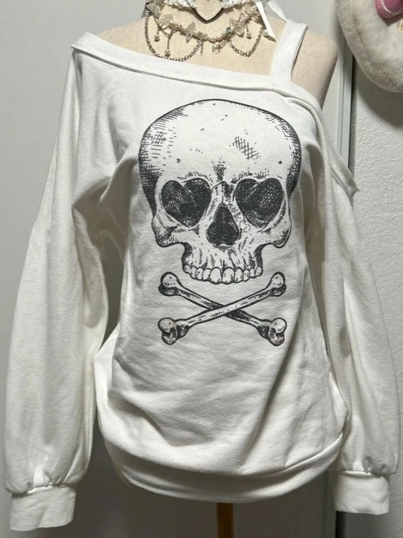 American Vintage Subculture Skull Print T-shirt Y2k Aesthetic Design Long Sleeve T Shirt Women Sexy Slim Streetwear Autumn New