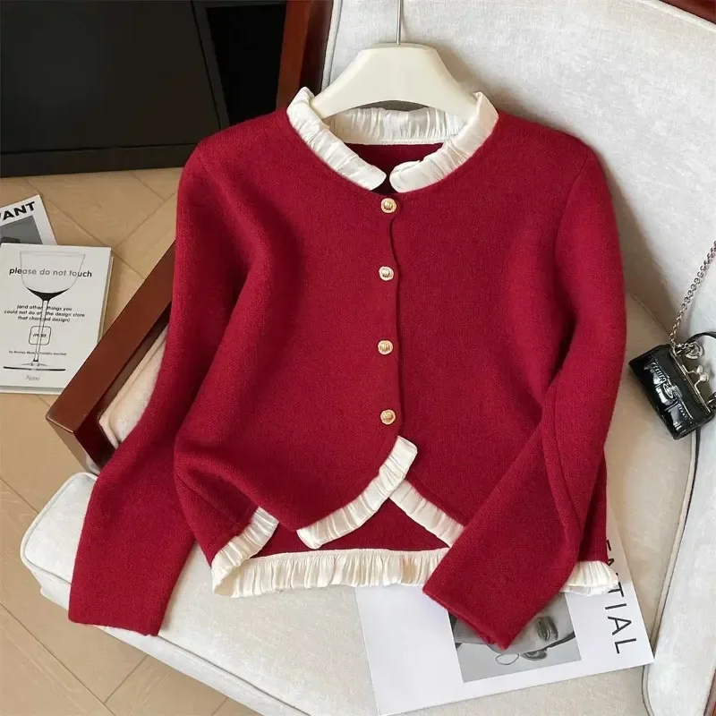 

Autumn Winter Short Knitted Sweater Women's Single Button Cardigan Soft Vintage round Neck Knitwear Versatile Female Top